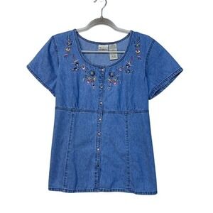 Vintage Maternity Denim Floral Embroidered Button Top L Cottage Granny Boho